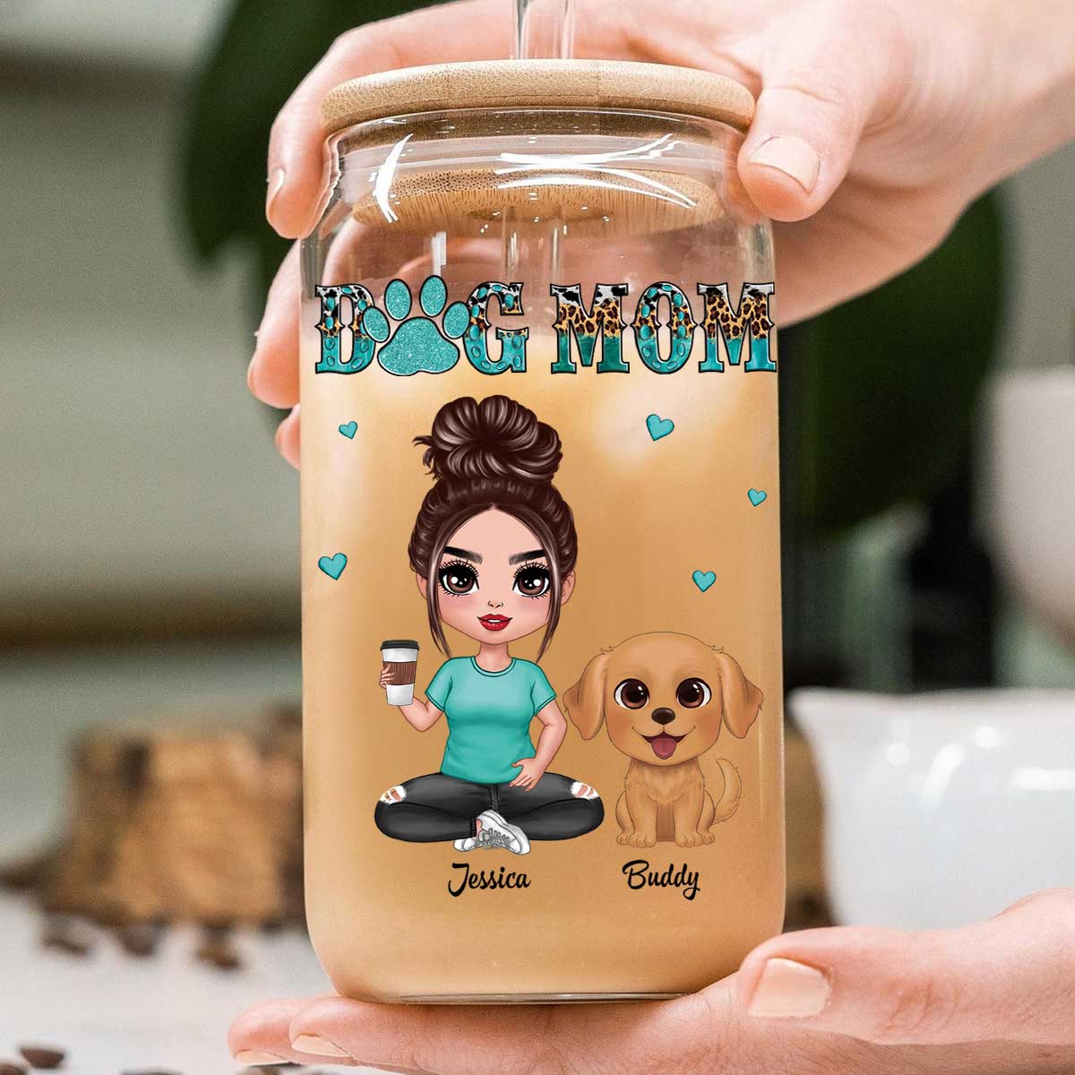 Watercolor Cute Dogs Teal And Leopard Dog Mom Personalized Clear Glass Can