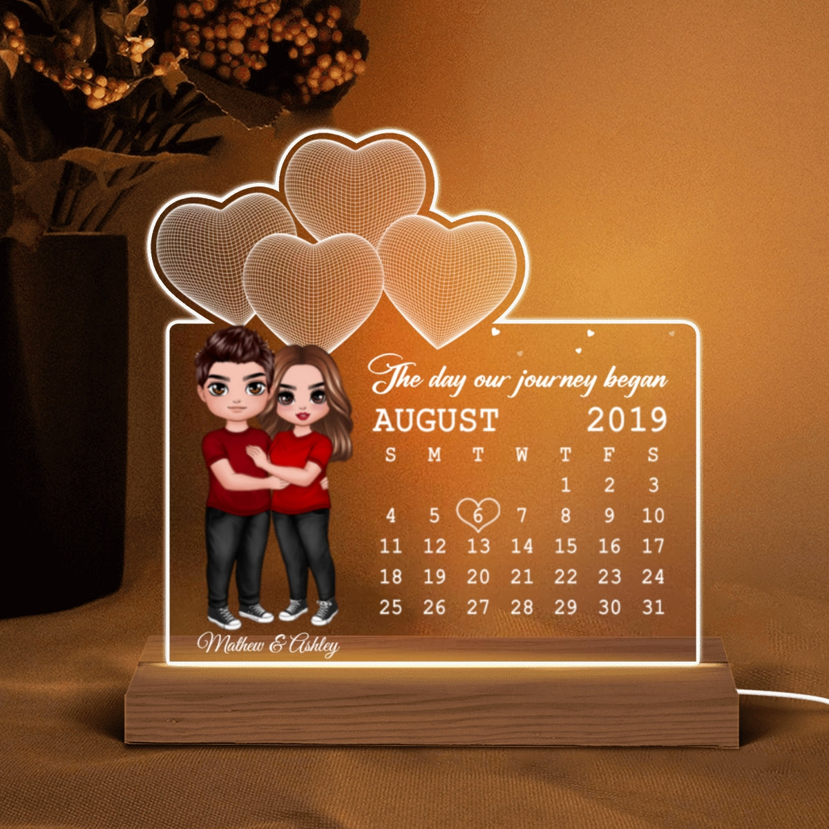 Doll Couple Hugging Under 3D Heart Anniversary Date Calendar Personalized Custom Shape Acrylic Plaque With LED Night Light - Anniversary Gift For Couple - Gift For Him Gift For Her
