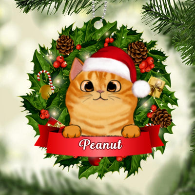 Cats Christmas Wreath Personalized Wooden Ornament