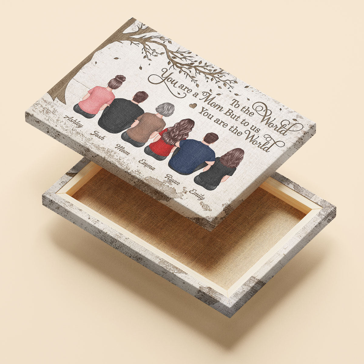 Back View Mom And Kids Dogs Cats Sitting Personalized Wrapped Canvas