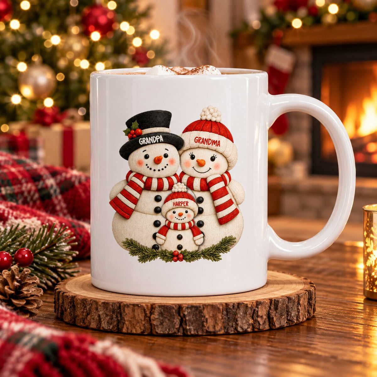 Cute Snowman Grandparents & Grandkids 2D Flat Printed - Personalized Mug - Christmas Gift For Family, Grandma, Grandpa