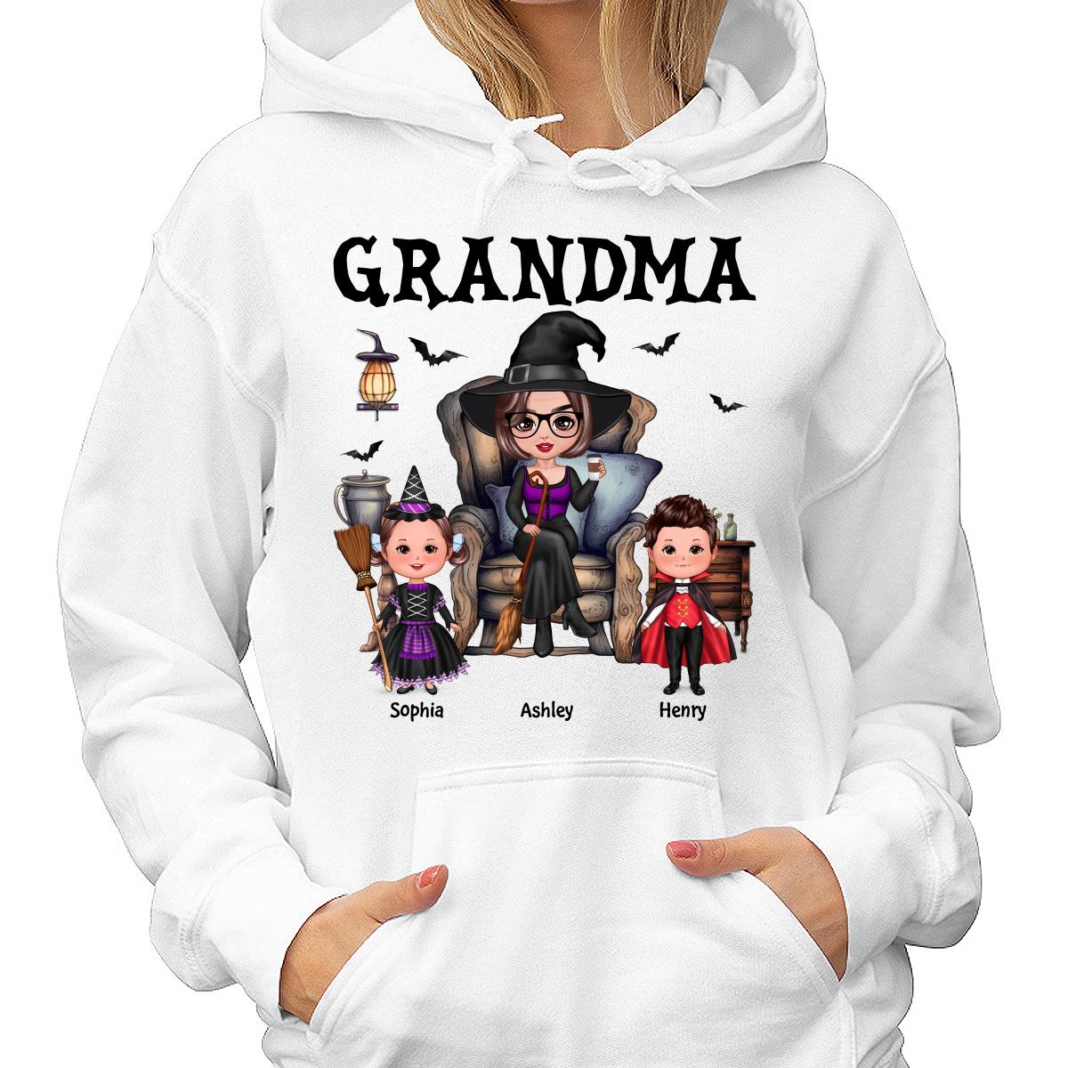 Halloween Grandma Witch Sitting On Chair Doll Kids Personalized Shirt