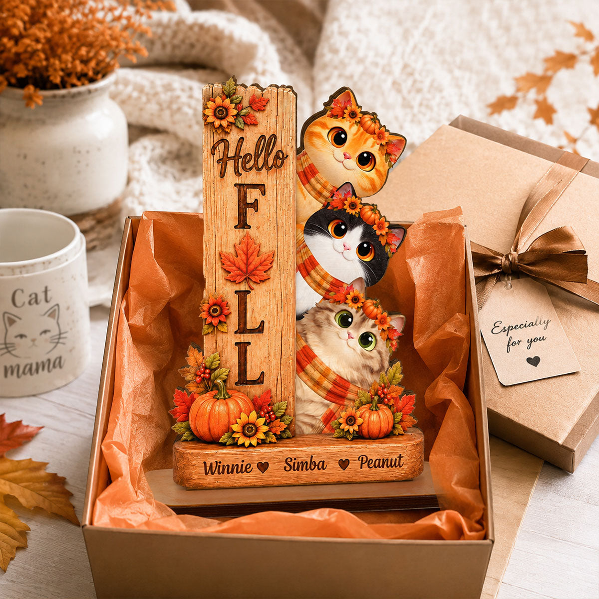 Hello Fall Cats 2D Flat - Personalized Wooden Plaque - Fall Season Decoration