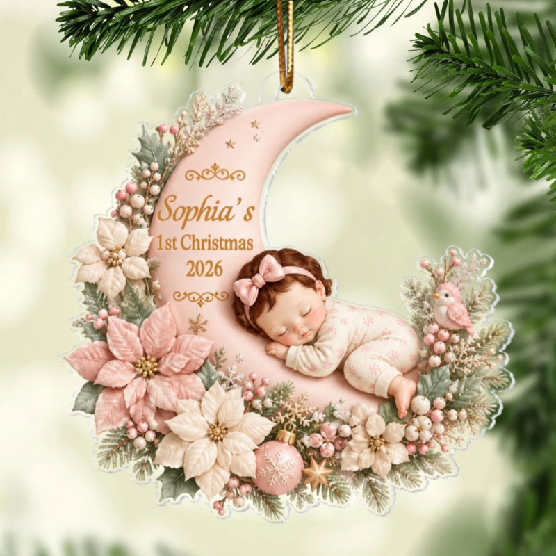 First Christmas Baby Boy Girl on Floral Moon - Personalized Acrylic Ornament - Christmas Gift for New Mom, Dad