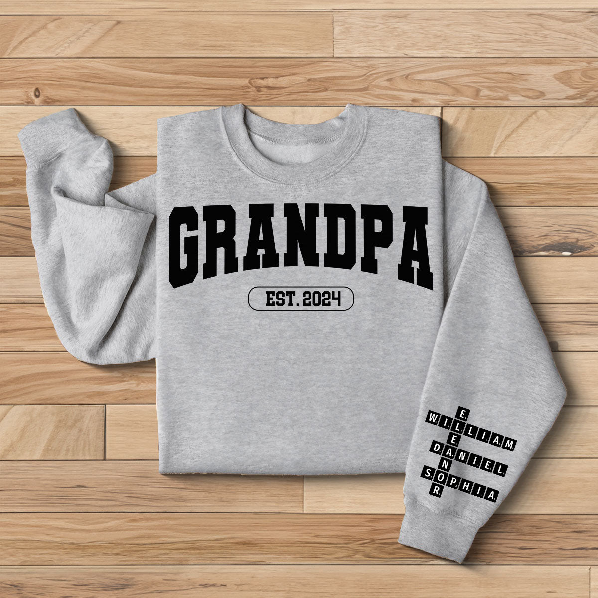 Grandpa Est Date Grandkids Names Crossword Puzzle Personalized Sleeve Printed Sweatshirt