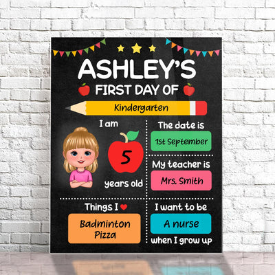 Doll Kid First Day Of School Personalized Board Sign, Editable, Reusable Back To School Sign