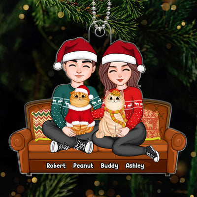 Couple Hugging Cats Sitting On Couch Personalized Christmas Acrylic Ornament