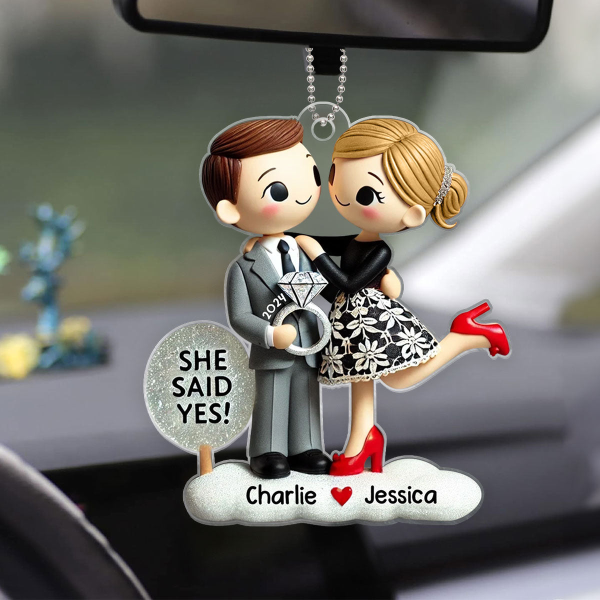 Couple Engagement Ornament She Said Yes, Personalized 2D Flat Acrylic Car Hanger Ornament,  Gift for him, Gift for her