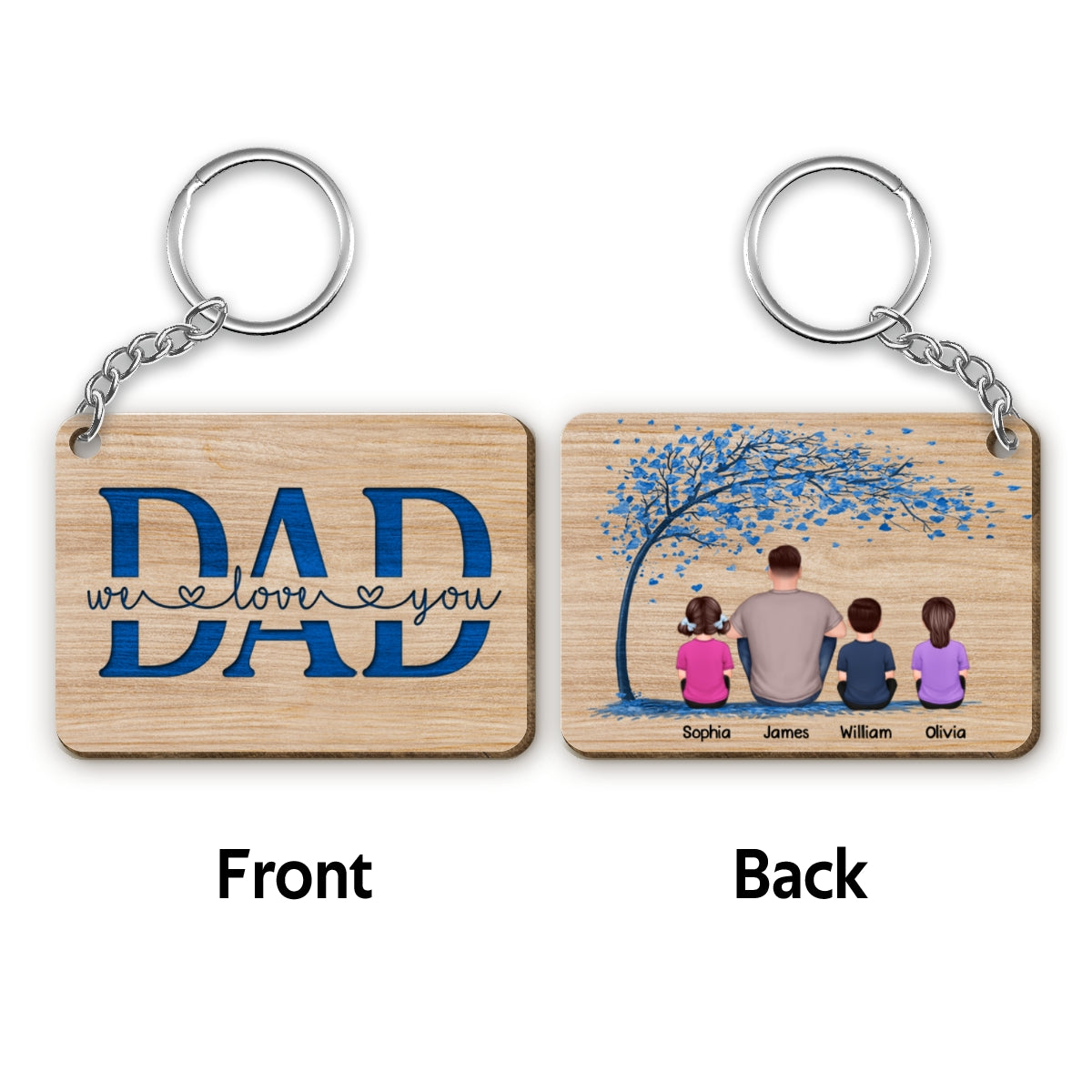 Dad And Kids Under Blue Tree Personalized Wooden Keychain