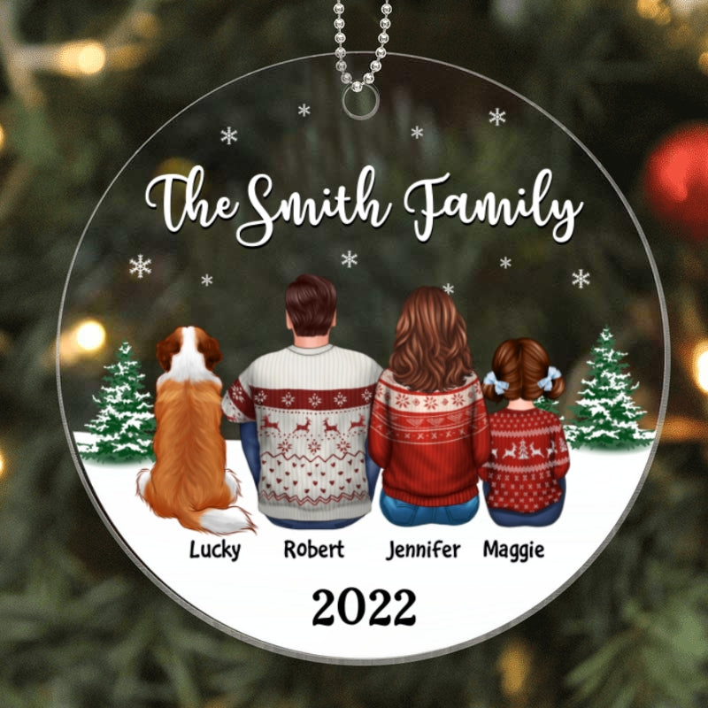 Christmas Family Dad Mom Kids Dogs Cats Circle Shape Personalized Acrylic Ornament