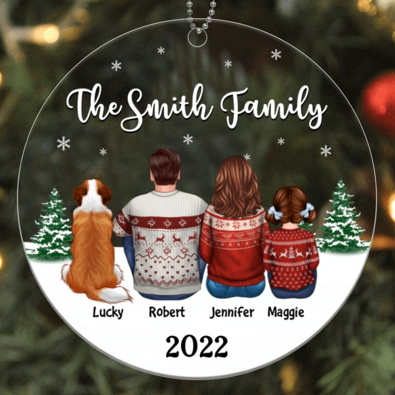 Christmas Family Dad Mom Kids Dogs Cats Circle Shape Personalized Acrylic Ornament