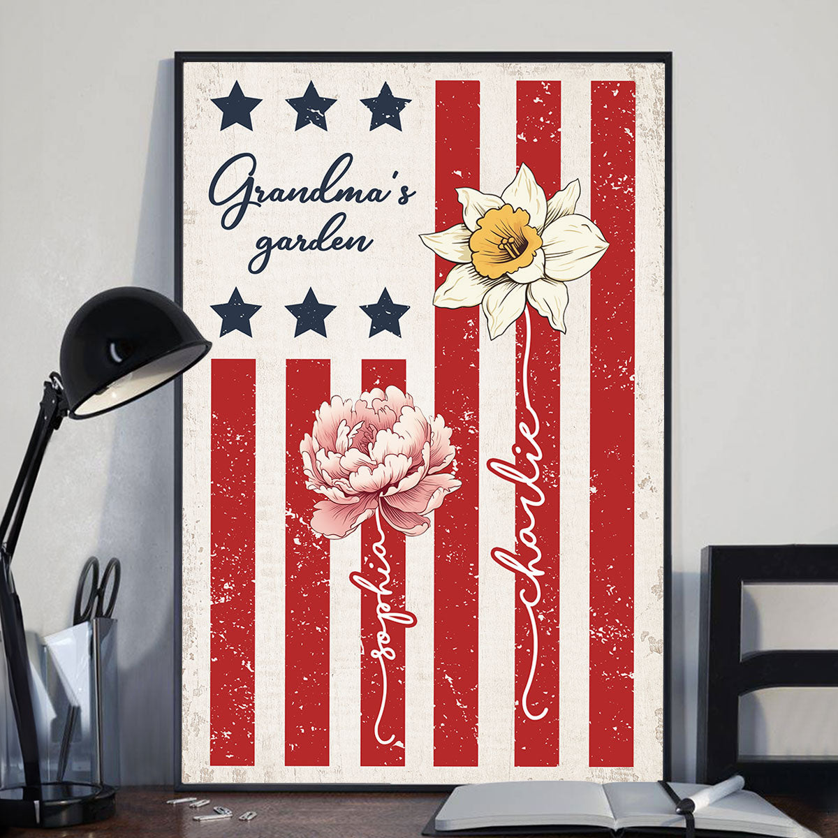 Grandma's Garden 4th Of July American Flag Personalized Poster, Birth Month Flower, Gift For Grandma
