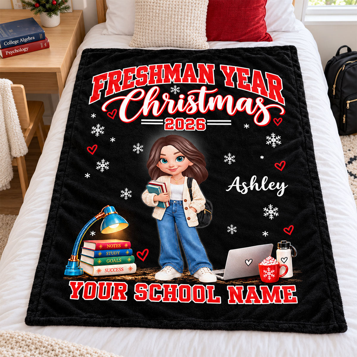 Freshman Year Christmas Custom Name & School Name - Personalized Fleece Blanket - Christmas Gift For College Freshman, Boy, Girl, Grandkids, College Students