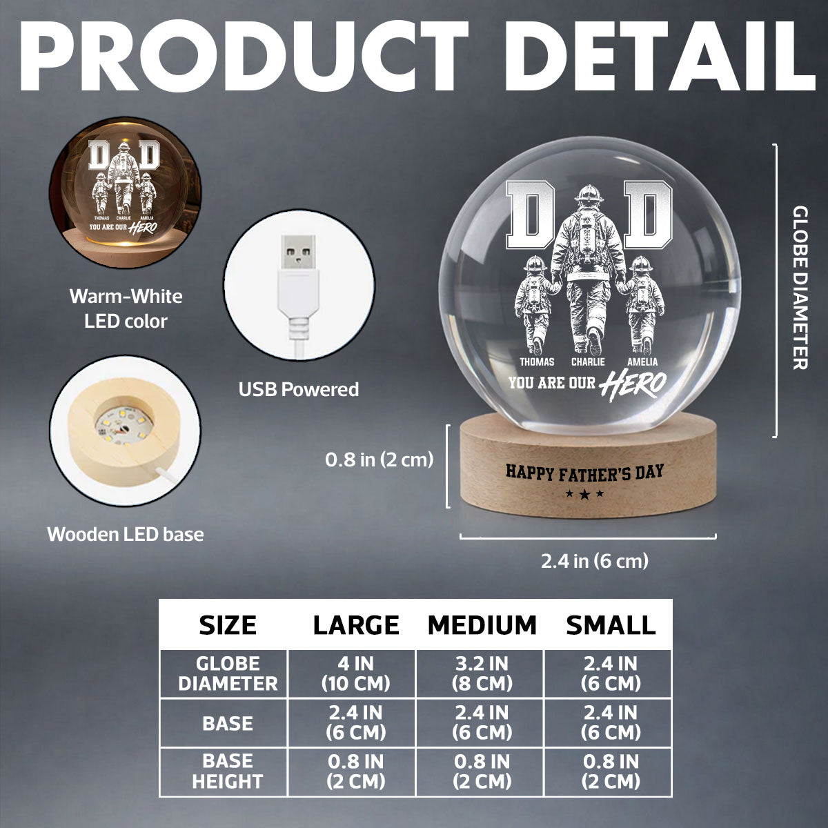 Proud Firefighter Dad You Are Our Hero - Personalized Crystal Ball LED Night Light - Father's Day Gift For Dad, Husband