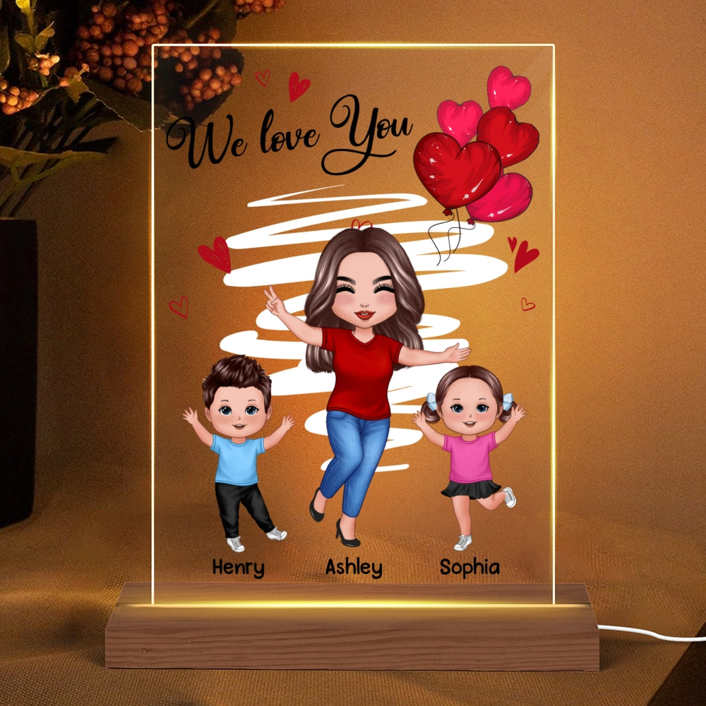 Red Hearts Happy Doll Grandma Mom And Kids Personalized Rectangle Acrylic Plaque Warm LED Night Light