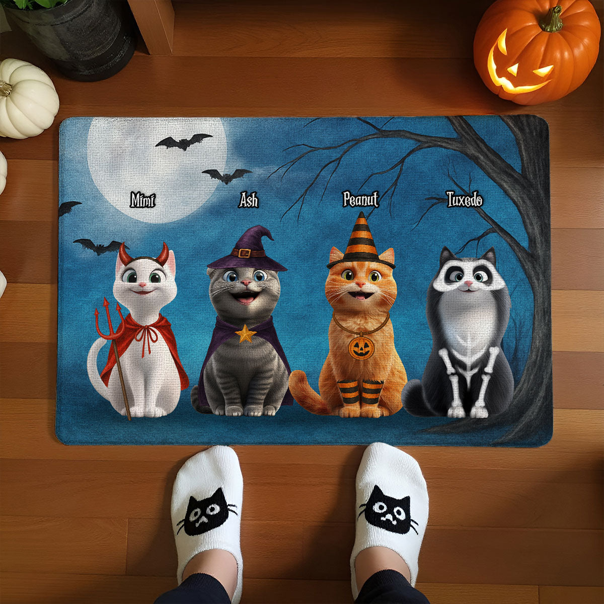 Halloween Cute Cats Sitting in the Moon Light Personalized Doormat, Halloween Decor for Cat Lovers