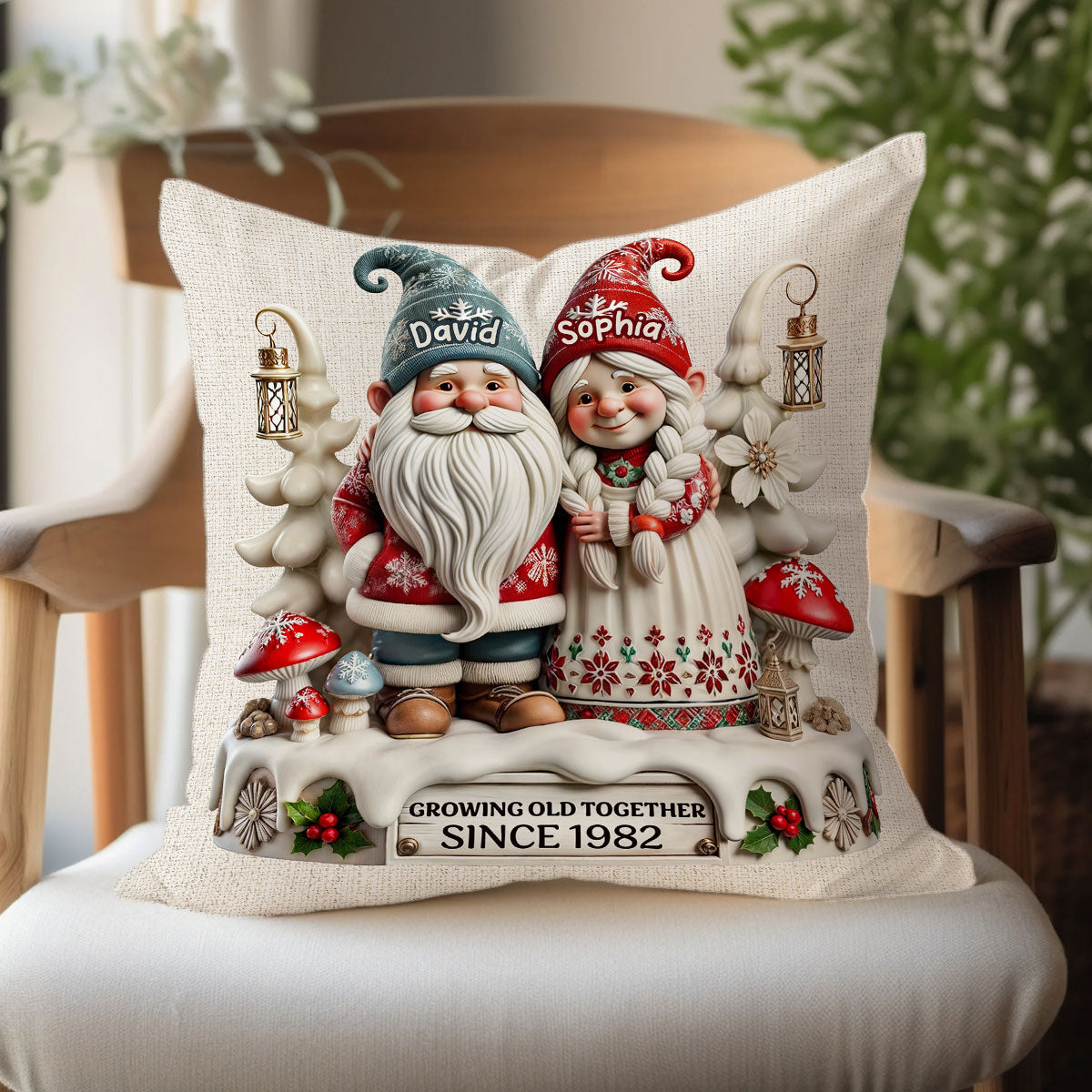 3D Effect Gnome Couple Together Personalized Pillow, Heartfelt  Gift For Couple, For Him, For Her, Husband, Wife