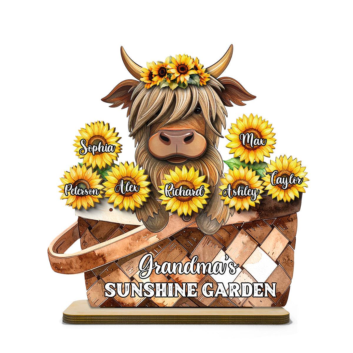 Cute Highland Cow Sunflower with Grandkids’ Names Sunny Vibe Personalized 2-Layer Standing Wooden Plaque
