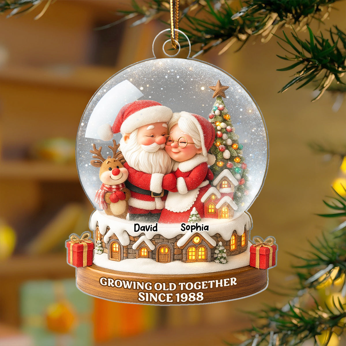 Snow Globe Santa Couple Growing Old Together Personalized Acrylic Ornament, 3D Effect, Christmas Gift for him, Gift for her