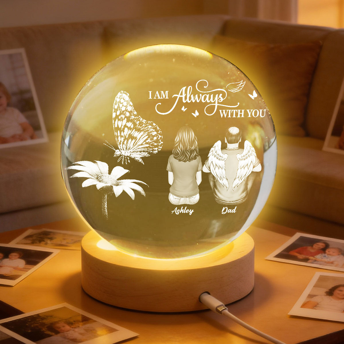 Always With You Family Back View Butterfly On Daisy - Personalized Crystal Ball LED Night Light - Memorial Remembrance Keepsake