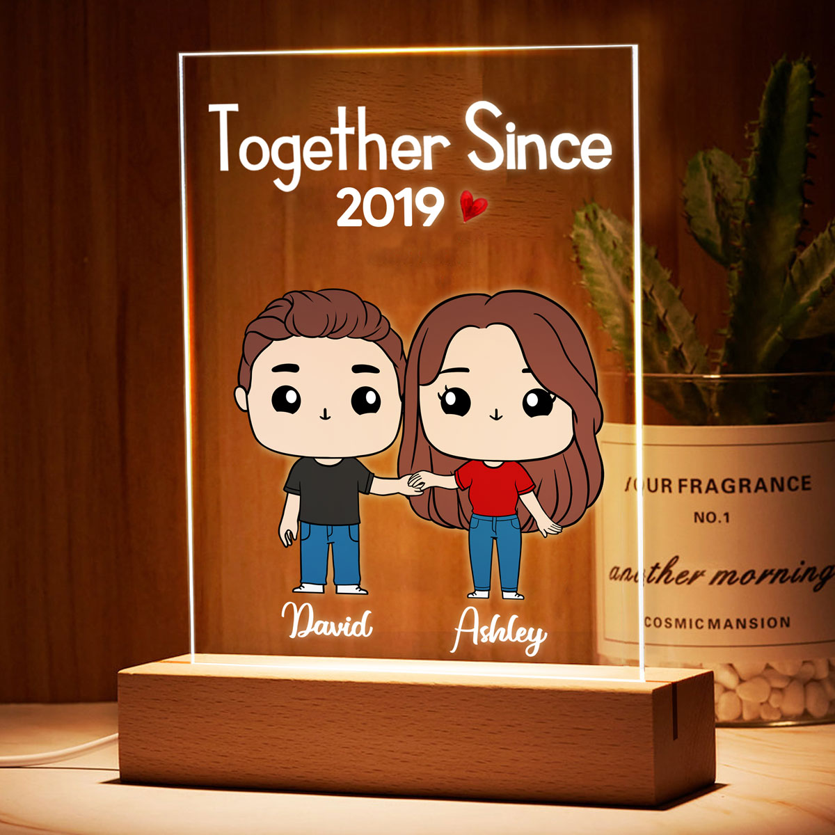 Cute Chibi Couple Together Gift For Him For Her Personalized Rectangle Acrylic Plaque LED Night Light