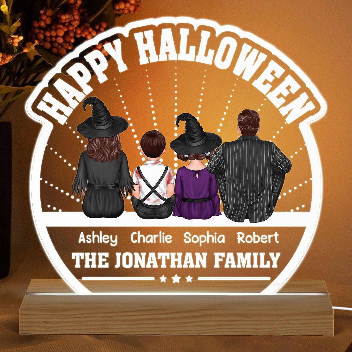 Happy Halloween Back View Family Personalized Custom Shaped Acrylic Plaque With LED Night Light