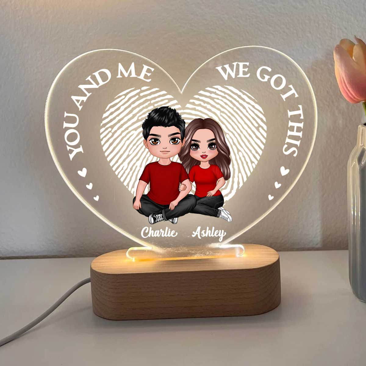Embracing Couple Heart Fingerprint Personalized Heart Plaque LED Night Light