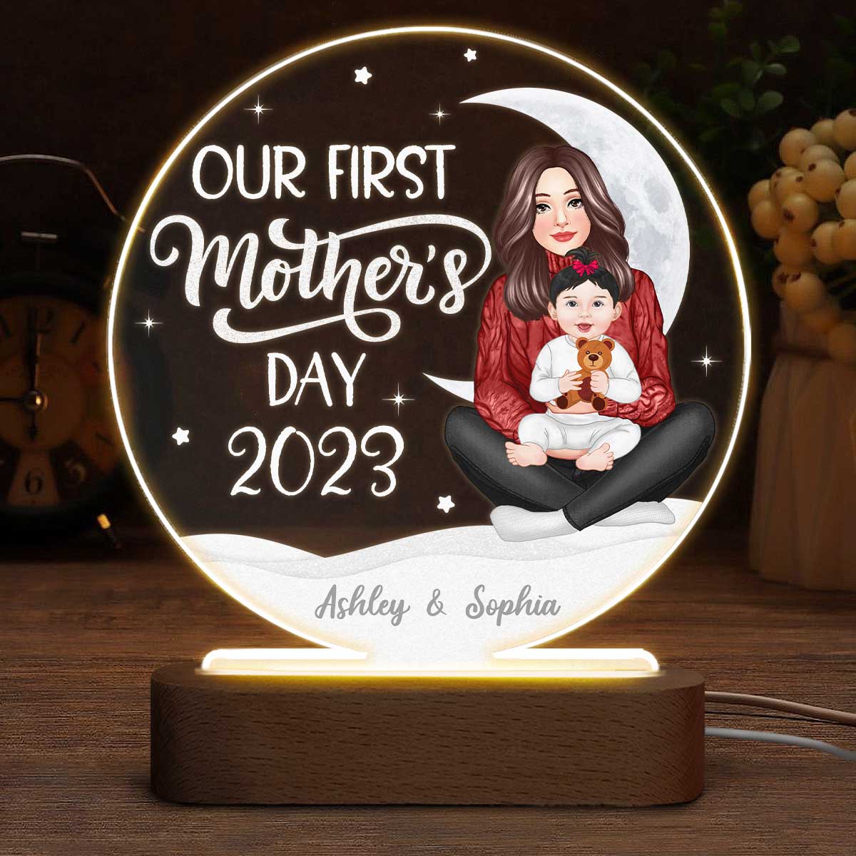 Our First Mother‘s Day Newborn Personalized Circle LED Night Light Acrylic LED Lamp