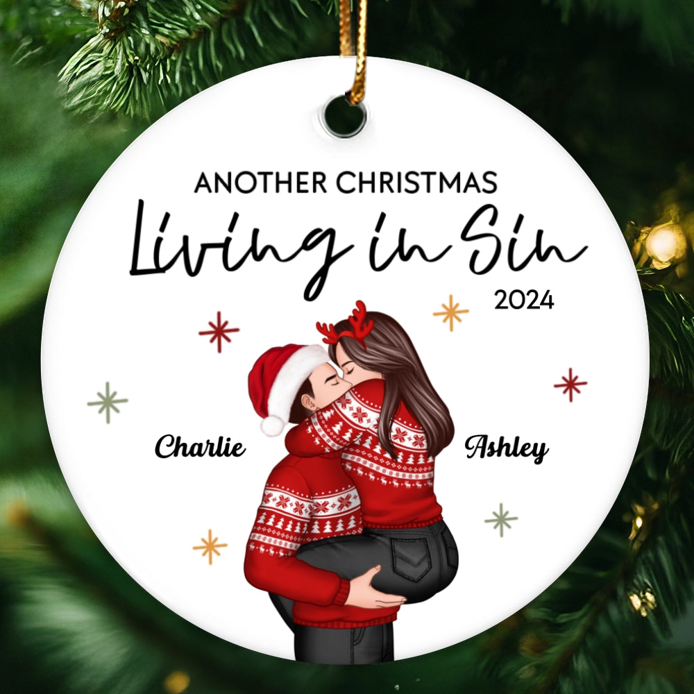 Couple Another Year Living In Sin Christmas Personalized Ceramic Ornament, Funny Christmas Gift for Couple
