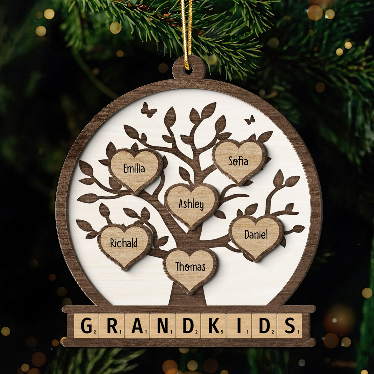 Grandkids Heart Tree Personalized 2-Layer Wooden Ornament