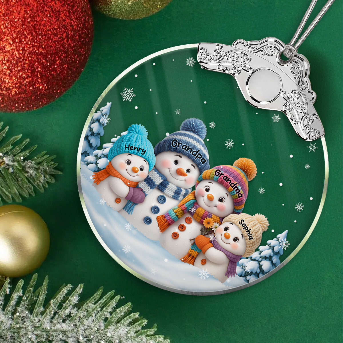 Snowman Grandma & Grandkids in Snow - Personalized Glass Ornament With Silver Cap - Heartwarming Christmas Gift for Grandma Grandpa - 3D Effect Ornament