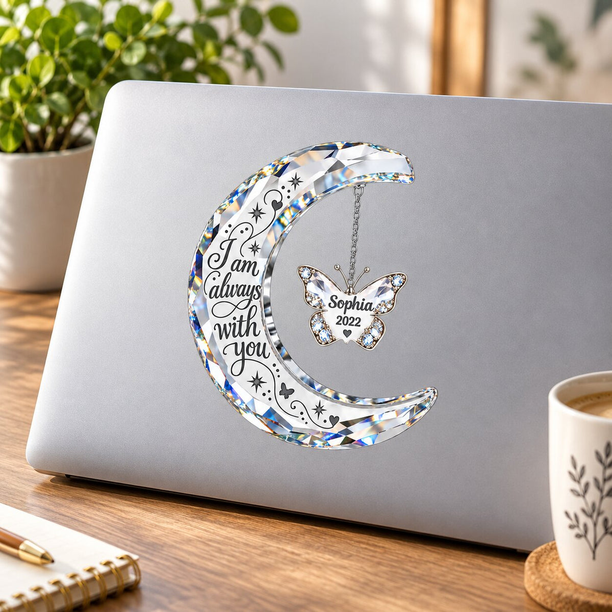 Always With You Memorial Crystal Moon & Butterfly Ornament 2D Flat - Personalized Decal - Sympathy Gift