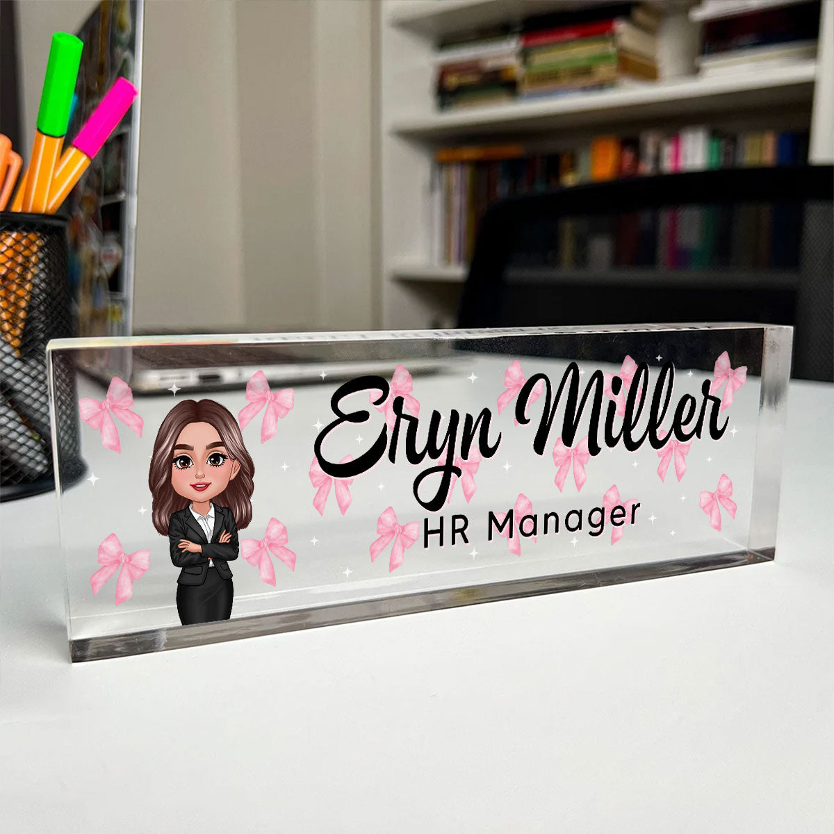 Coquette Woman Office Personalized Acrylic Desk Name Plate, Office Desk Decor, Gift For Colleagues, Coworkers, Boss