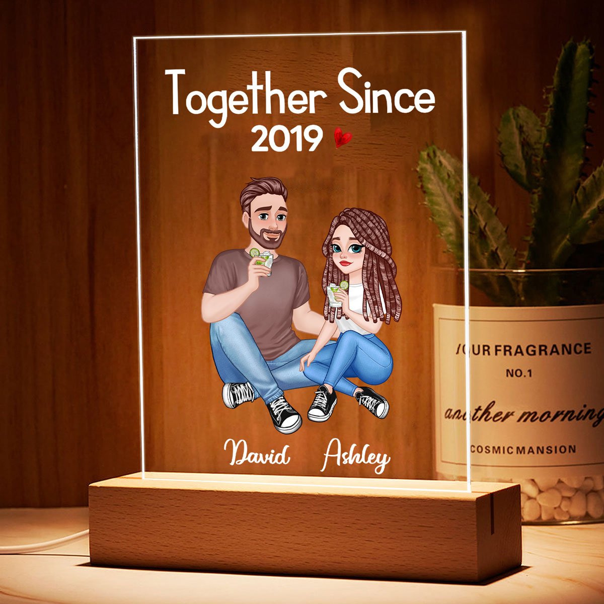 Cartoon Couple Sitting Together Since Anniversary Gift Personalized Rectangle Acrylic Plaque With LED Night Light