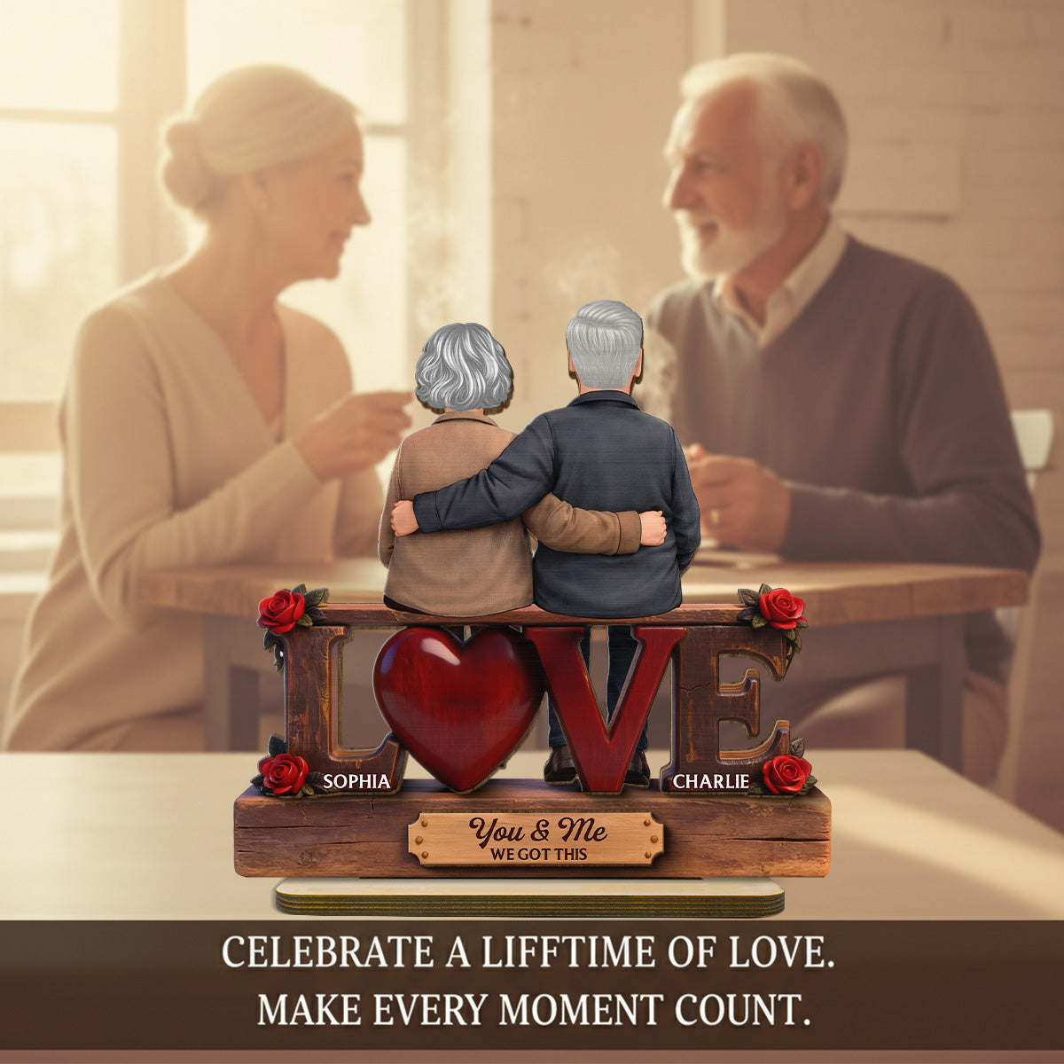 Roses LOVE Back View Old Couple Sitting Embracing - Personalized 2-Layered Wooden Plaque - Valentine's Day Gift For Couple, For Him, For Her