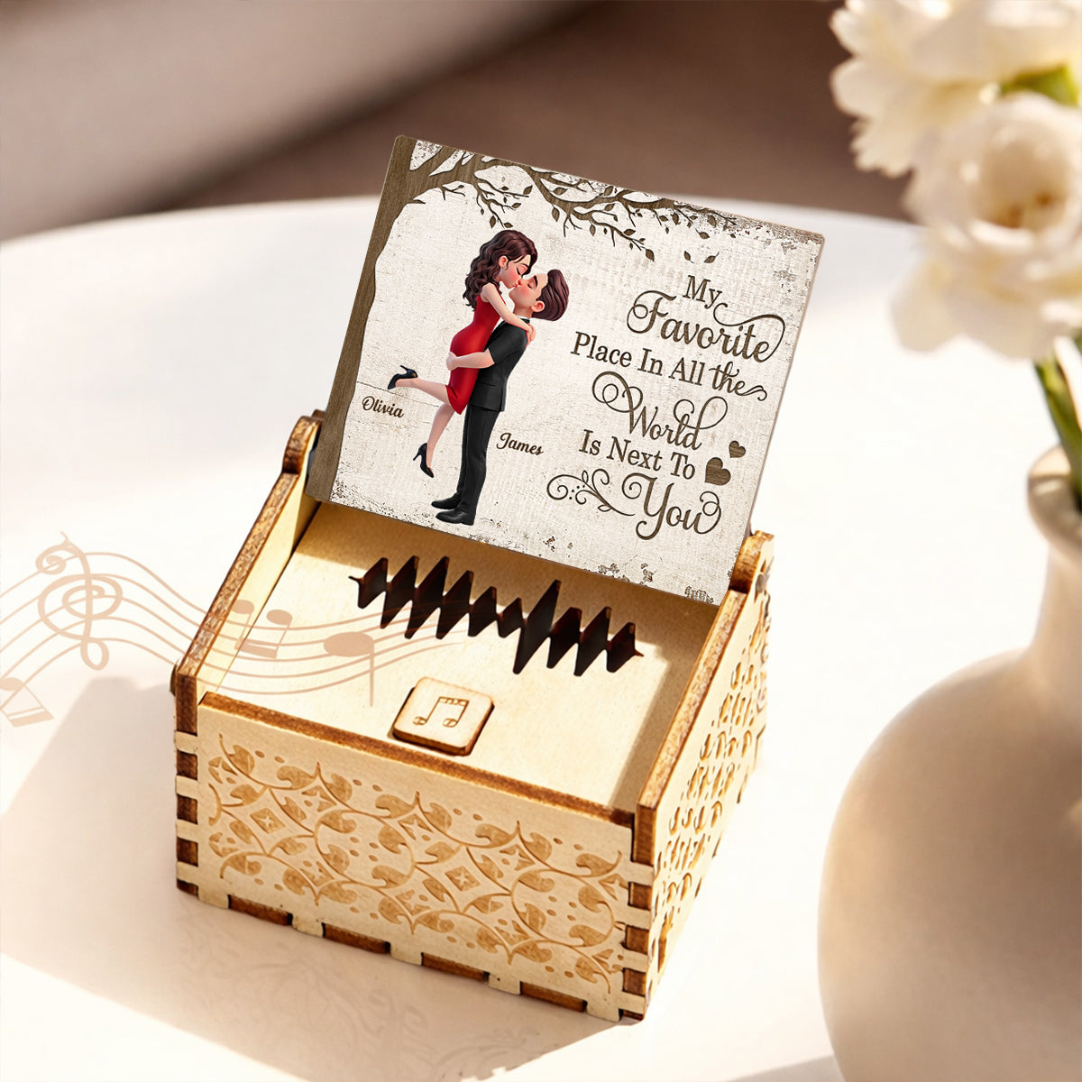 My Favorite Place is Next to You Couple Hugging Kissing - Personalized Wooden Music Box - Heartfelt Valentine's Day Gift for Her, for Him