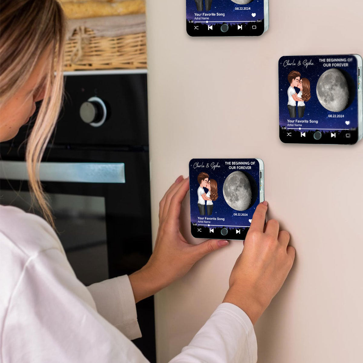 Couple Hugging Kissing Custom Moon Phases The Day We Met Personalized Music Fridge Magnet, Heartfelt Gift For Couple, For Him, For Her, Boyfriend, Girlfriend, Husband, Wife