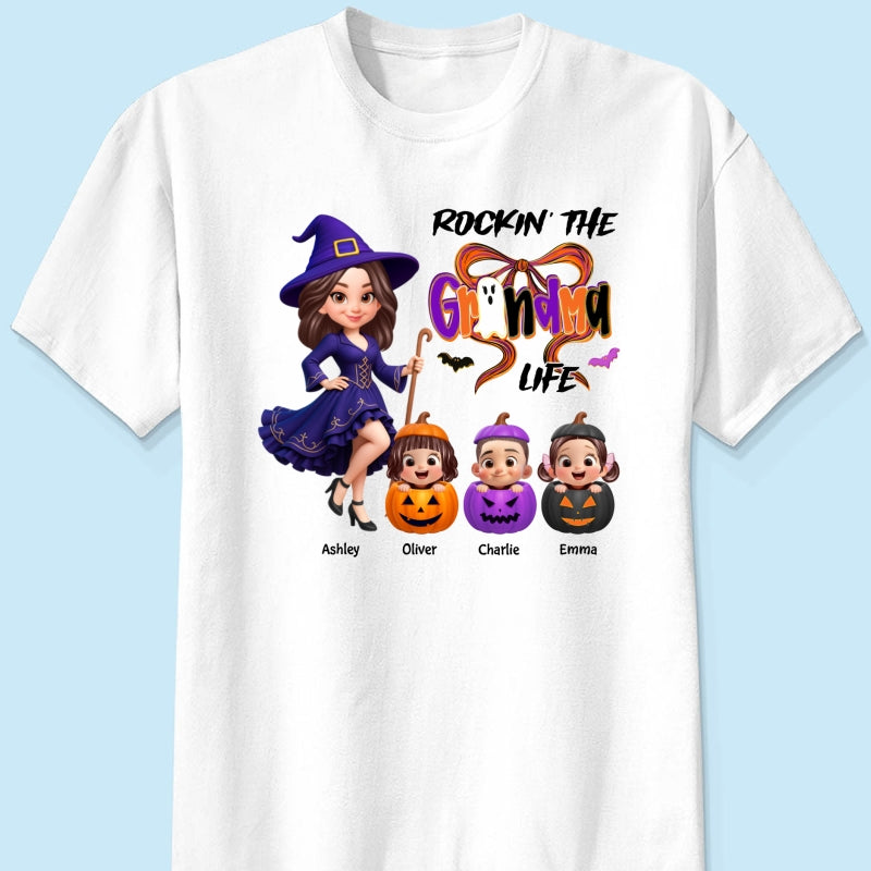 Rockin' Grandma Life Halloween Coquette Bow Grandkids Pumpkins Personalized Sweatshirt