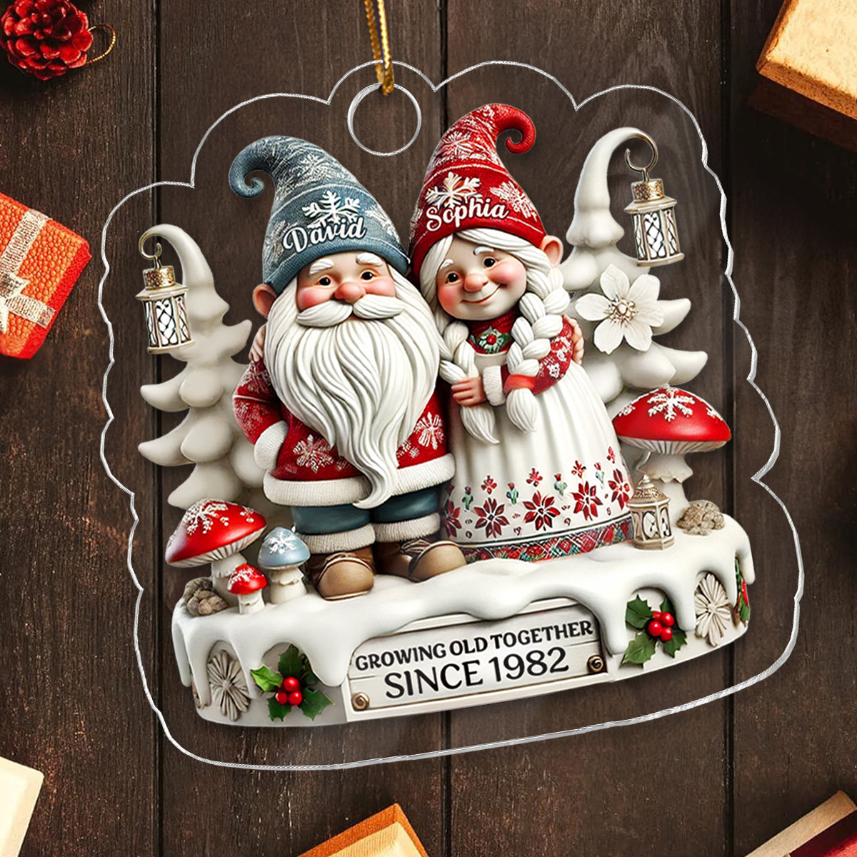 3D Effect Gnome Couple Together Christmas - Personalized Acrylic Ornament - Gift for Him, Gift for Her