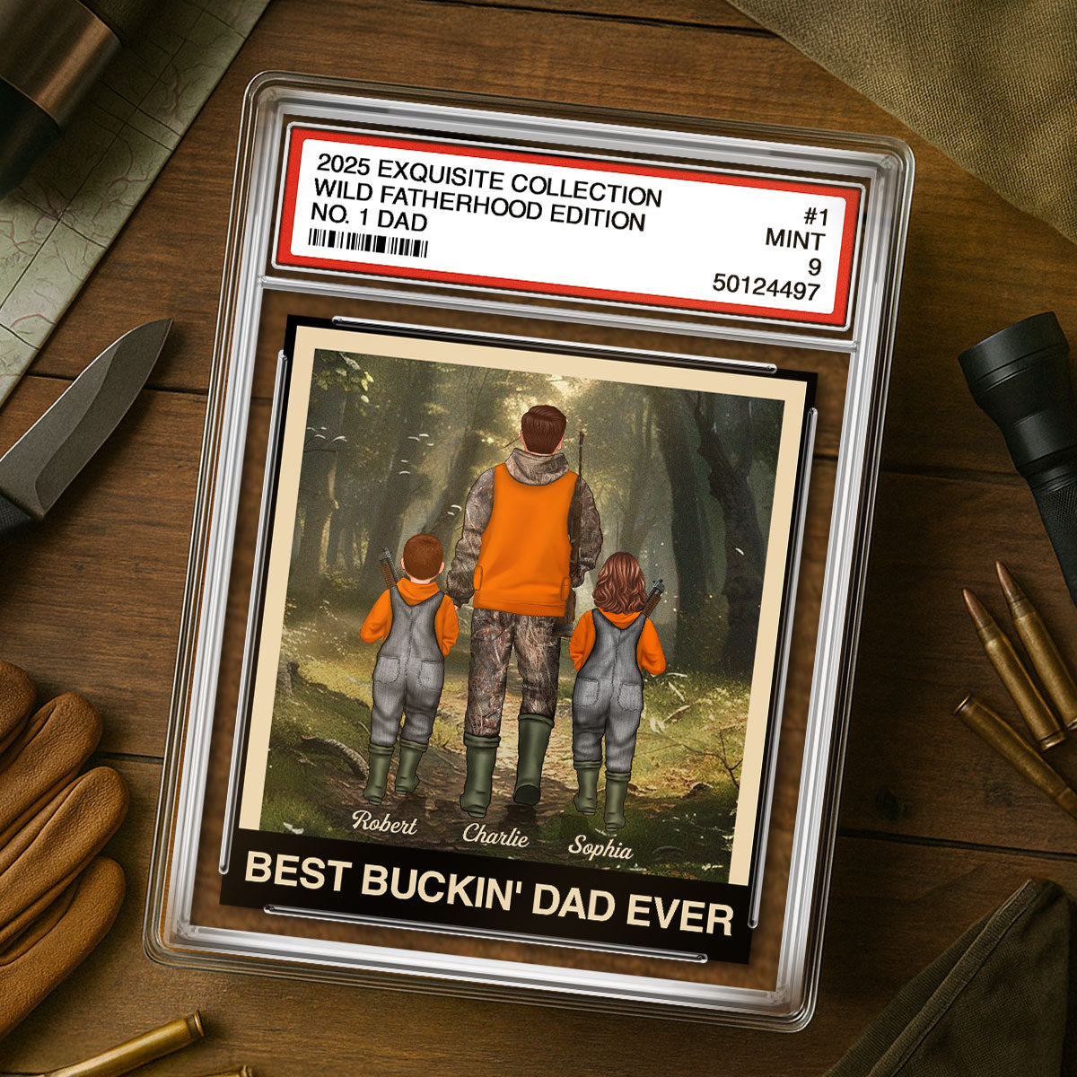 Hunting Grandpa Dad Man & Kids Trading Card Style Personalized Acrylic Block Plaque