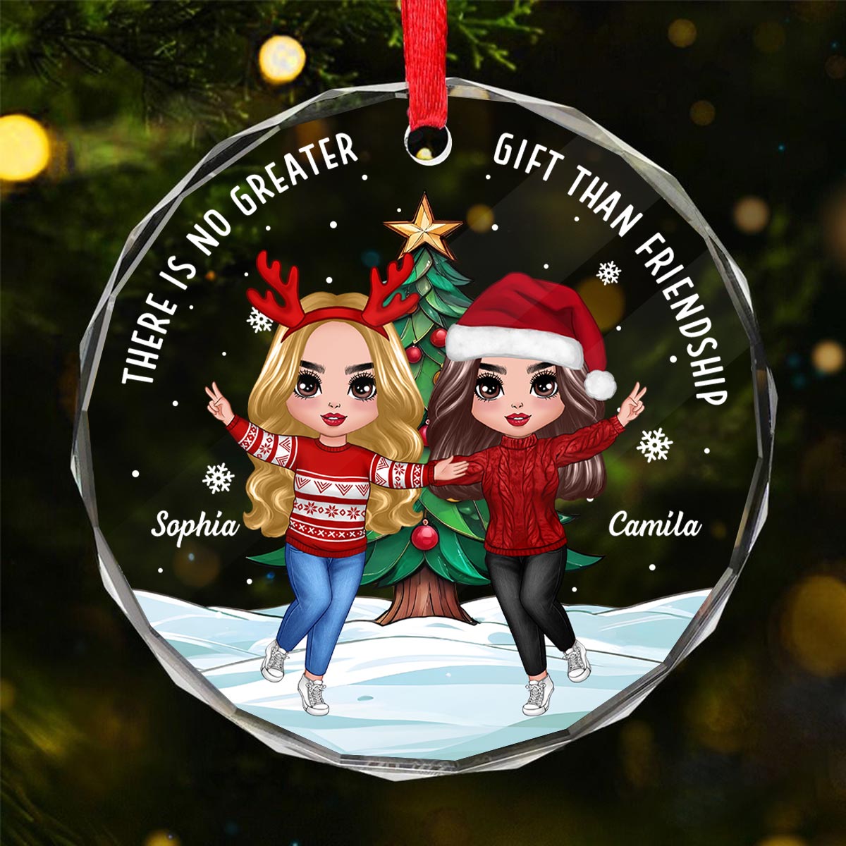 Happy Besties And Christmas Tree Personalized Glass Ornament, Christmas Gift For Him, For Her
