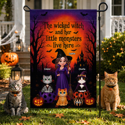 Halloween Wicked Witch And Little Monters Cats - Personalized Garden Flag