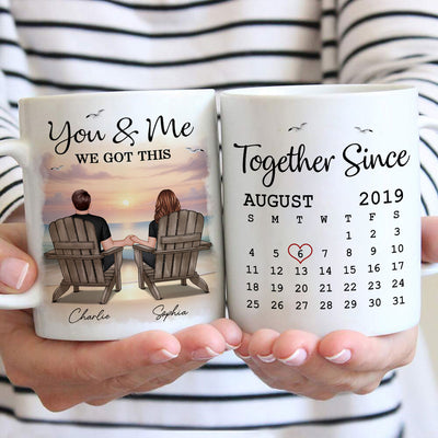 Eternal Sunset Beach Couple Back View Anniversary Calendar Personalized Mug,  Gift, Anniversary Gift For Him, For Her