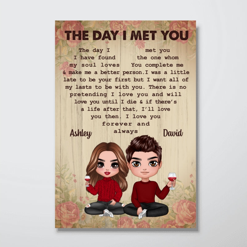 Rose Pattern Doll Couple Sitting The Day I Met You Gift For Him For Her Personalized Vertical Poster