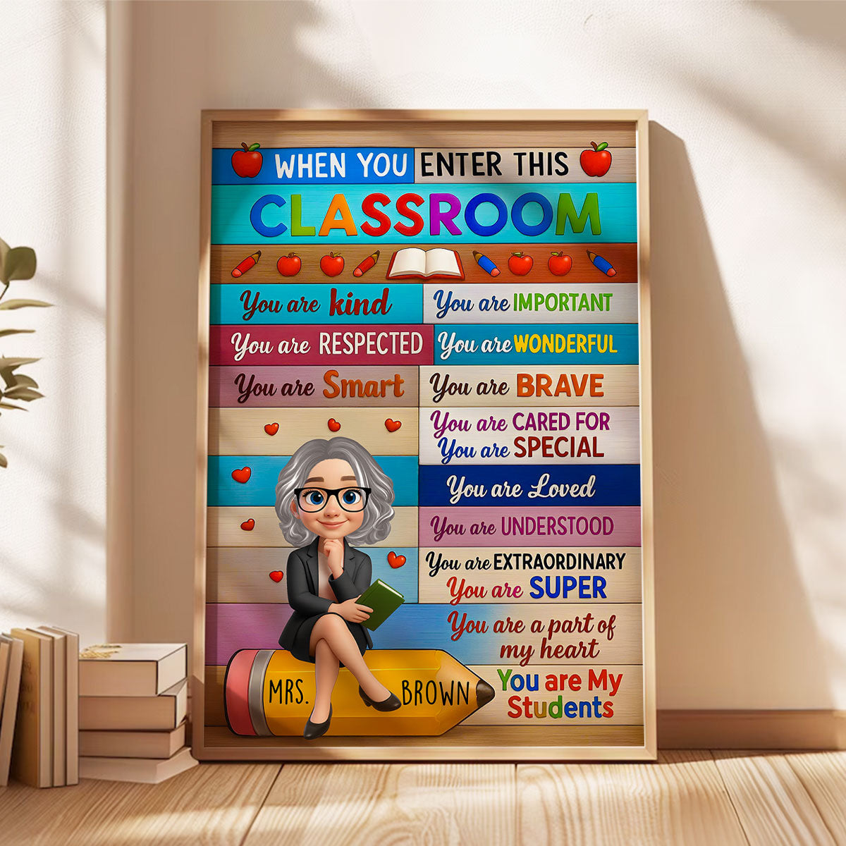 3D Cartoon Teacher Sitting On Pencil Personalized Poster, Classroom Decoration, Back To School Gift For Teacher