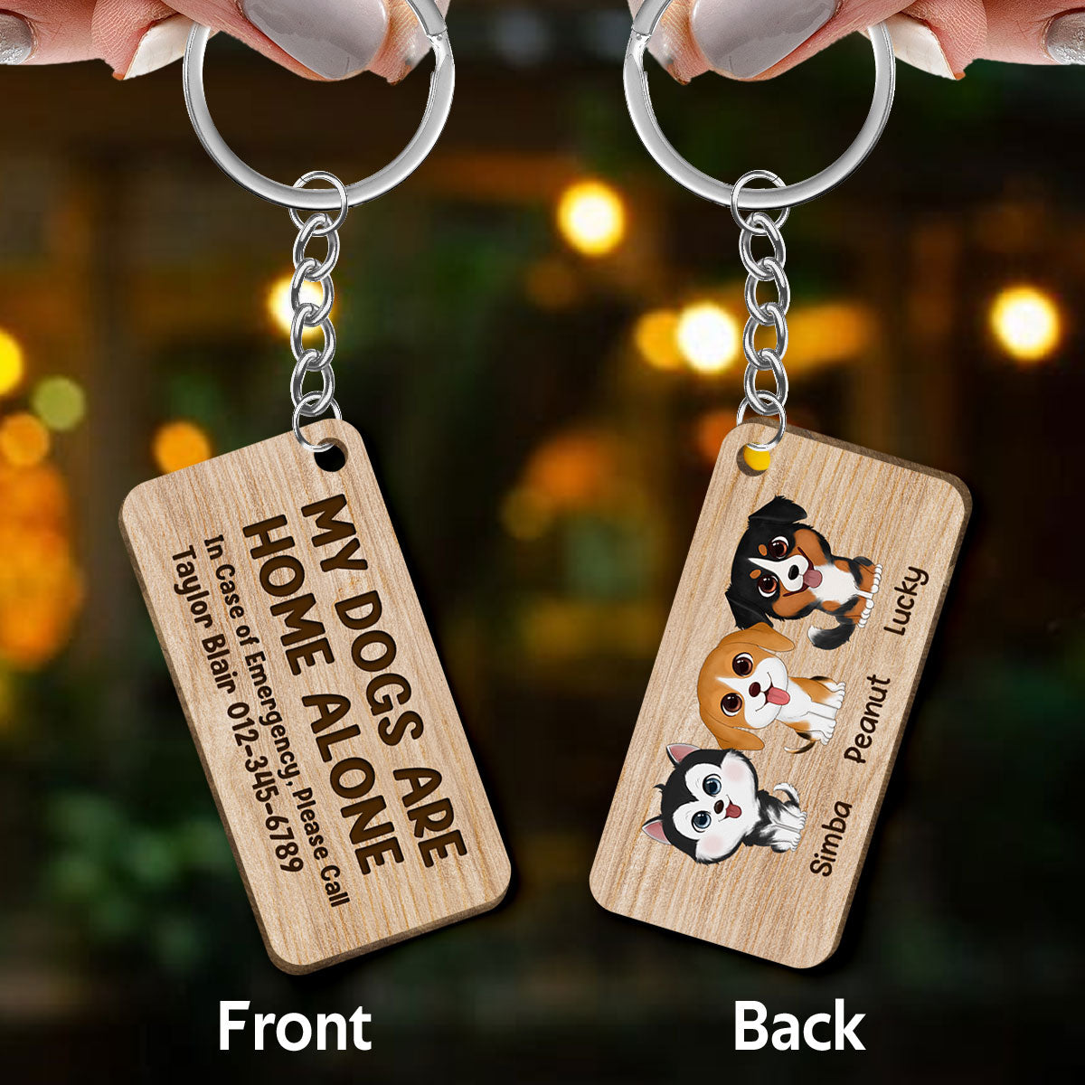 My Pets Home Alone Watercolor Dog Cat Personalized Wooden Keychain