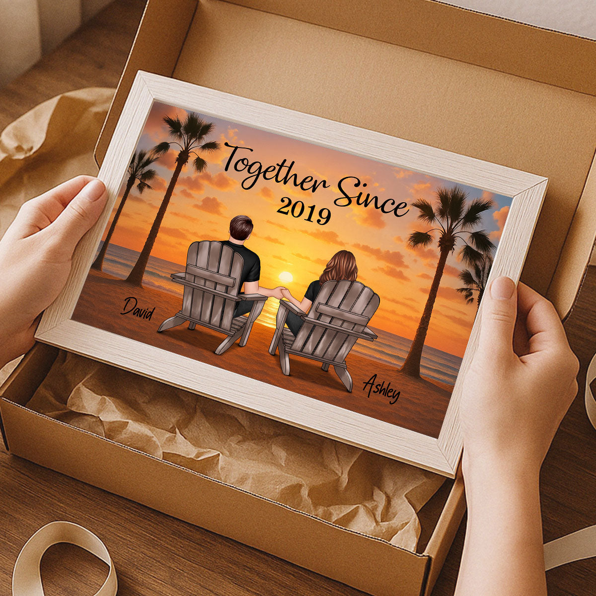 Couple Beach Sunset Under Tree Palm Personalized Poster, Anniversary gift for him, for her