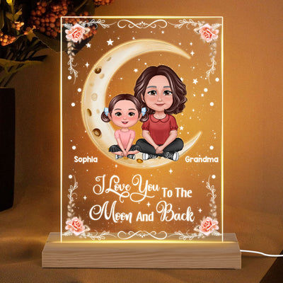 Grandma Grandkid Crossed Legs Sitting On Moon Personalized Acrylic LED Night Light