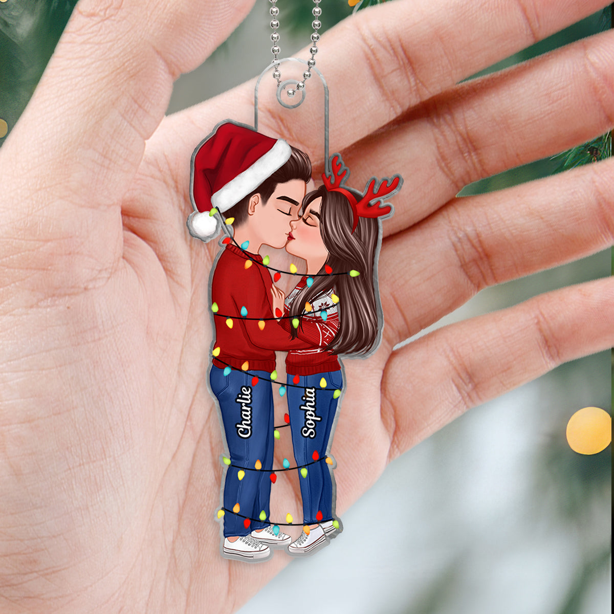 Christmas Couple Kissing With Light String Personalized Acrylic Ornament