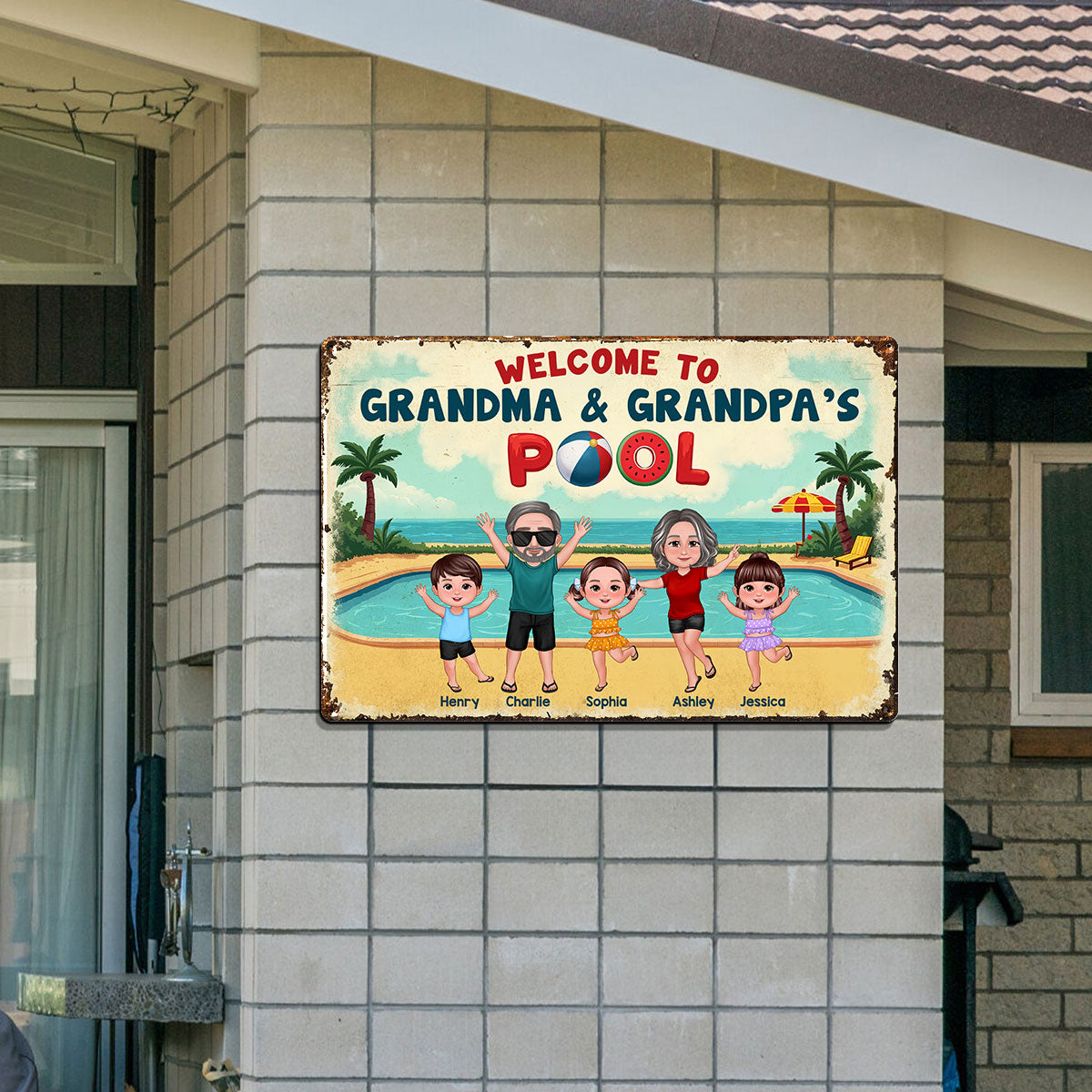 Summer Vibe Welcome To Grandpa Grandma Grandparents Pool Personalized Metal Sign